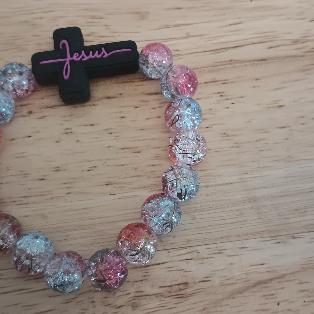 Pink and Clear Beaded Bracelet with Cross Charm